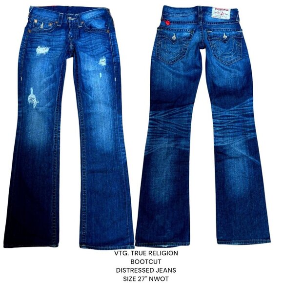VTG.‎ TRUE RELIGION DARK WASH BOOTCUT DISTRESSED JEANS SZ. 27" NWOT - Picture 1 of 6